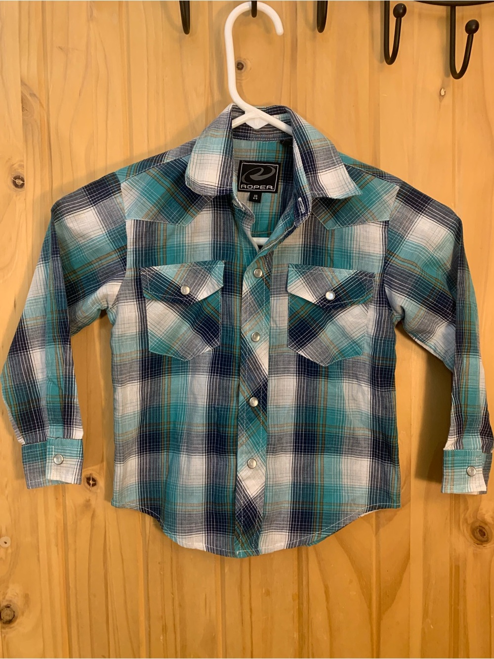 Roper Boys' Teal, Navy & White Plaid Western Cowboy Rodeo Pearl Button-Down XS